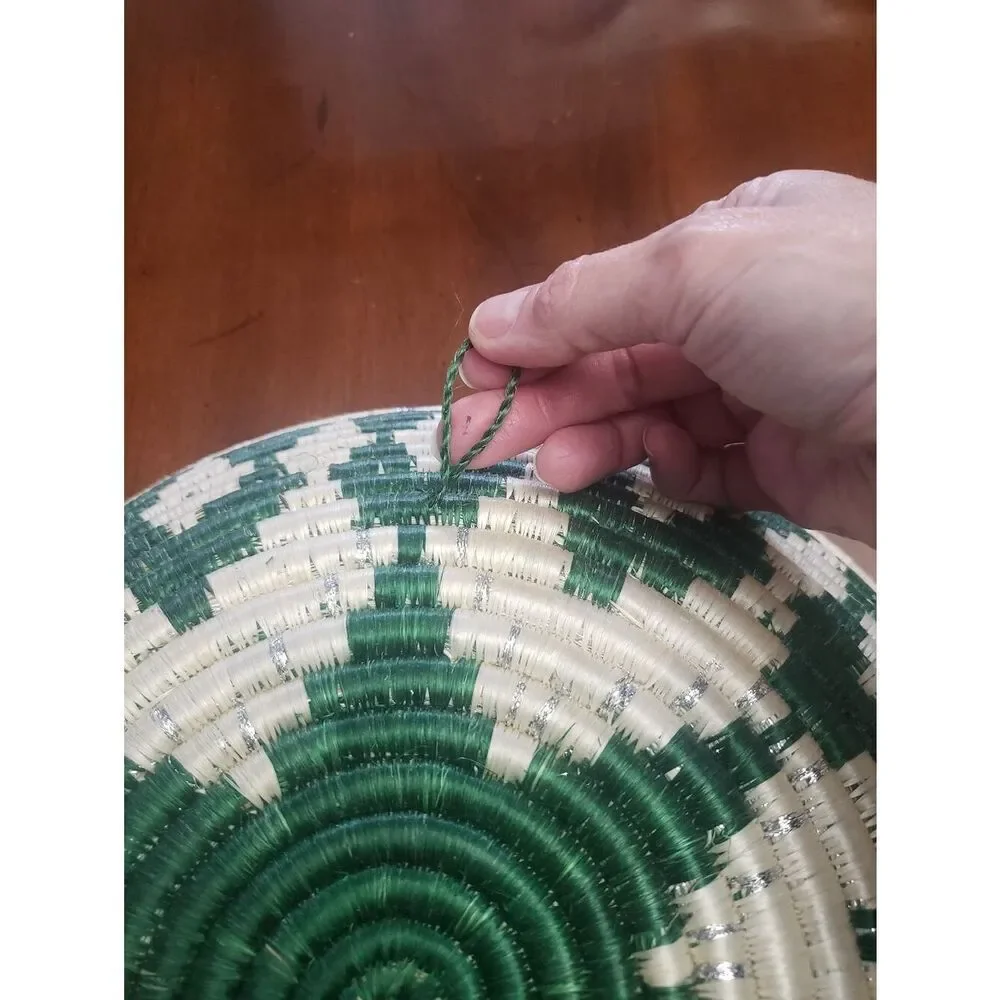 AFRICAN WALL BASKET Hand Woven Rwanda Bowl Green Cream